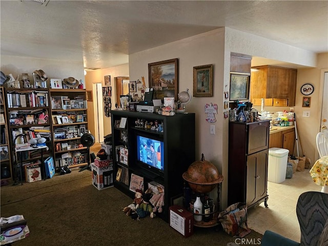 living room featuring a textured ceiling