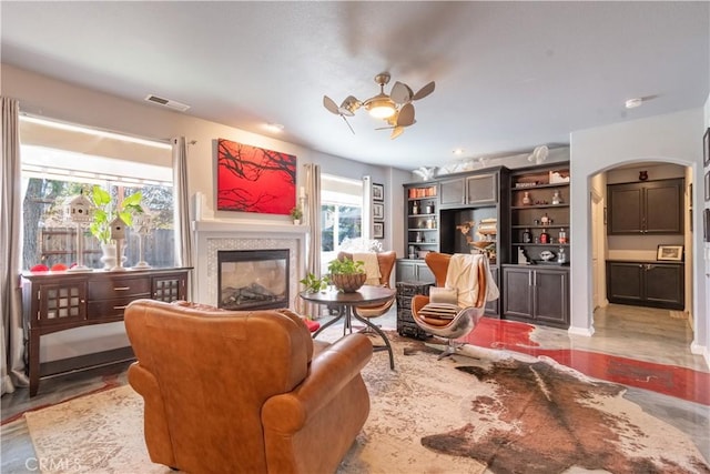 living room featuring ceiling fan