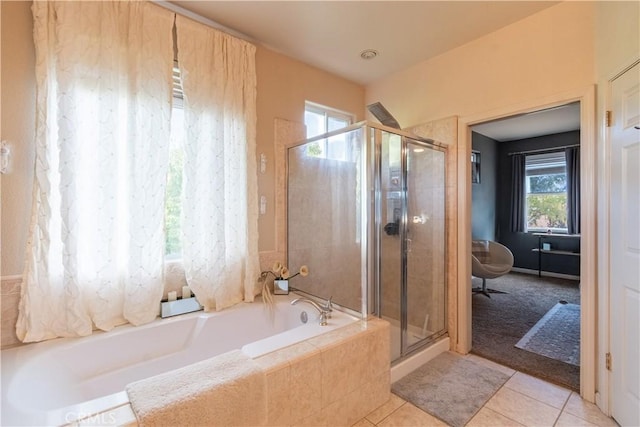 bathroom with plus walk in shower and tile patterned floors