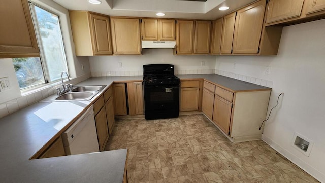 kitchen with dishwasher, sink, a tray ceiling, and black range with gas cooktop