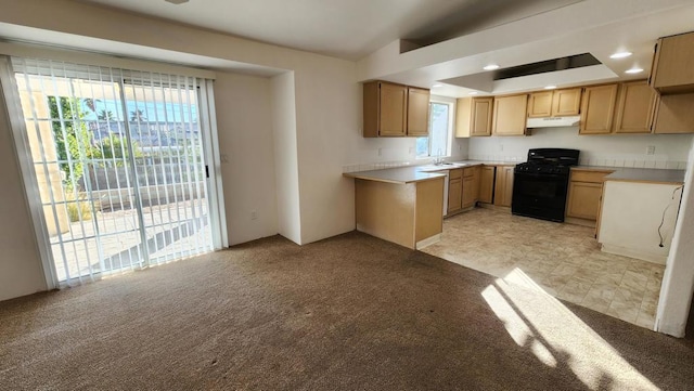 kitchen featuring black range with gas stovetop, light colored carpet, sink, and vaulted ceiling