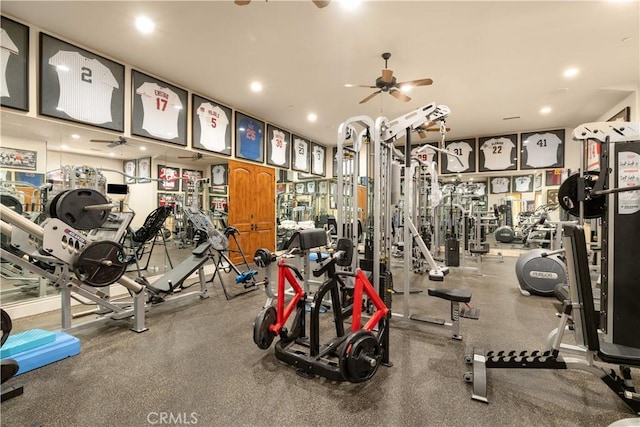 gym with recessed lighting and ceiling fan