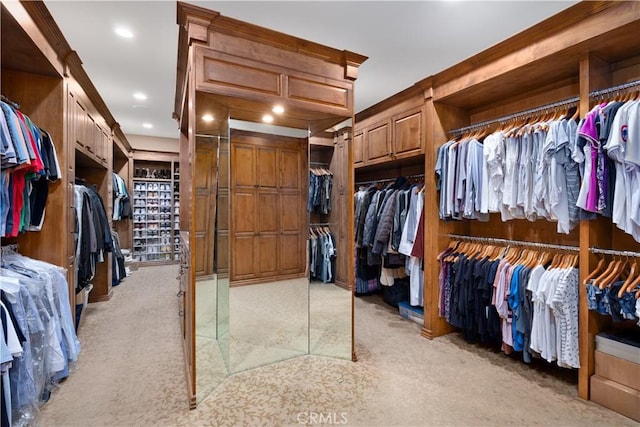 walk in closet featuring light carpet