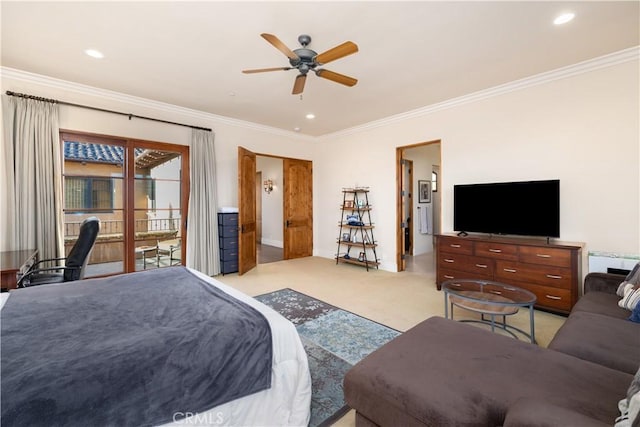 carpeted bedroom featuring access to exterior, radiator, ceiling fan, and crown molding