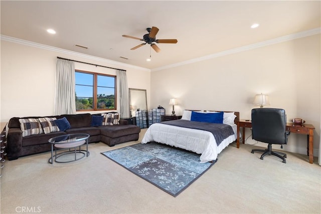 carpeted bedroom featuring a ceiling fan, visible vents, recessed lighting, and crown molding