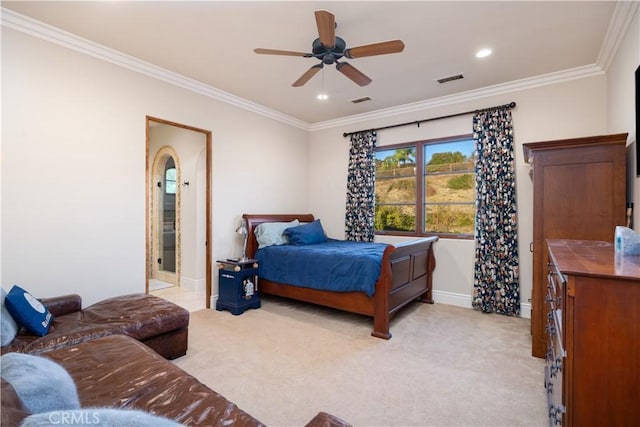 bedroom with light carpet, ceiling fan, and crown molding