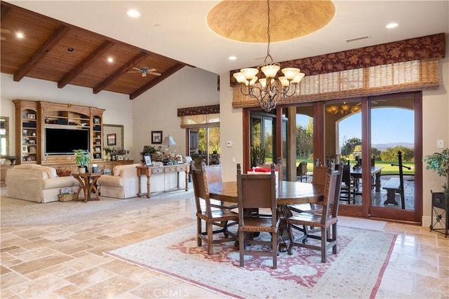 dining room with ceiling fan with notable chandelier, wooden ceiling, a wealth of natural light, and french doors