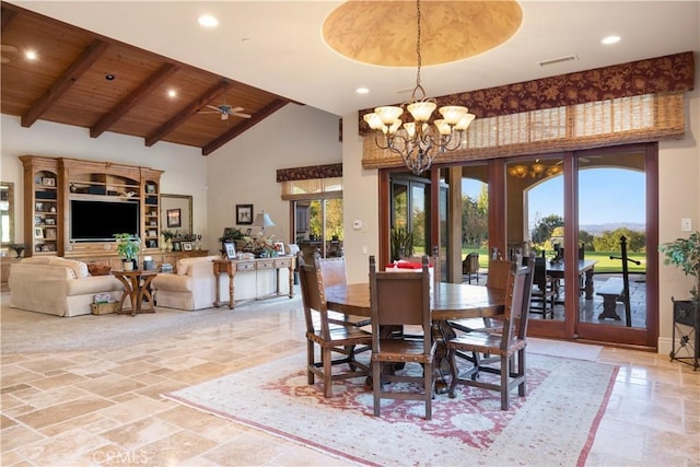 dining room featuring stone tile floors, beam ceiling, high vaulted ceiling, and recessed lighting