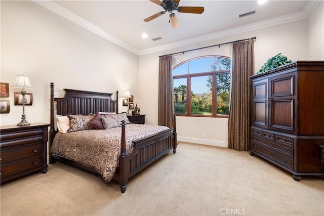 bedroom featuring ceiling fan, crown molding, and light carpet