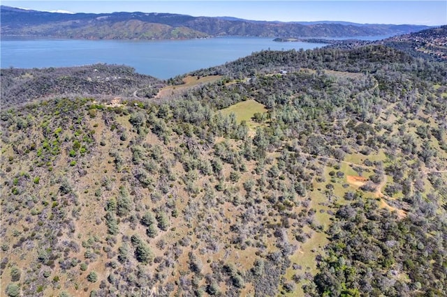 aerial view featuring a water and mountain view