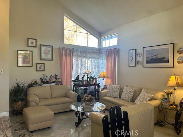 living room featuring high vaulted ceiling