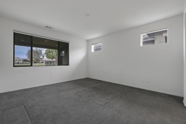 empty room featuring a wealth of natural light and dark colored carpet