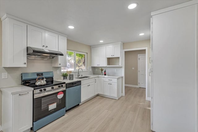 kitchen with sink, white cabinetry, light hardwood / wood-style flooring, appliances with stainless steel finishes, and decorative backsplash