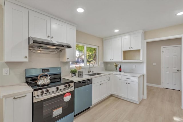 kitchen with sink, light hardwood / wood-style flooring, stainless steel appliances, decorative backsplash, and white cabinets