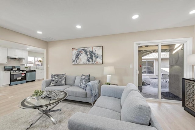 living room featuring a healthy amount of sunlight, sink, and light hardwood / wood-style floors