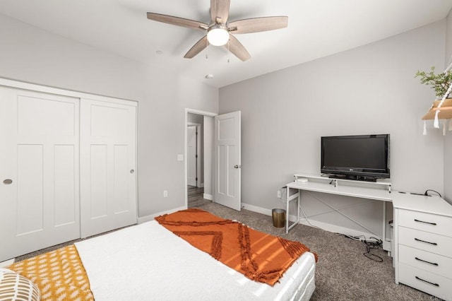 bedroom with dark carpet and ceiling fan