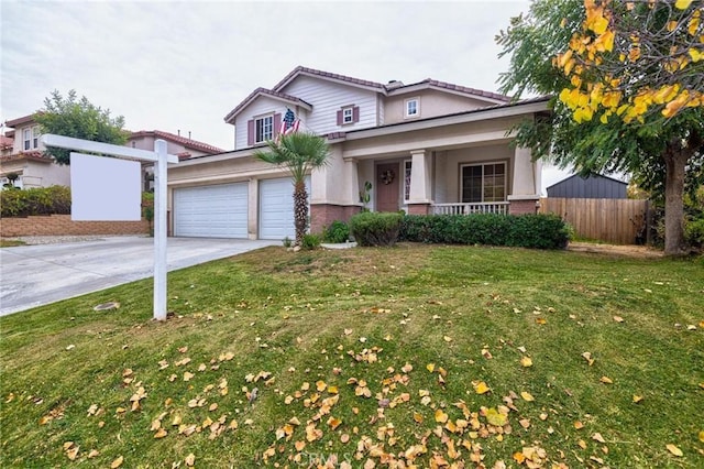 view of front of property featuring an attached garage, covered porch, brick siding, driveway, and a front lawn