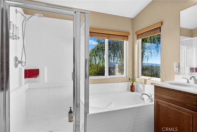 bathroom featuring vanity and separate shower and tub