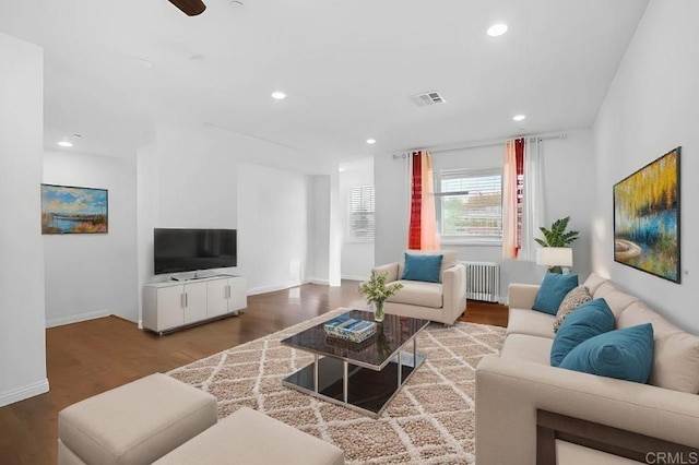 living room with radiator, ceiling fan, and wood-type flooring