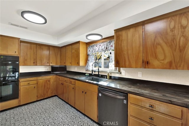 1938 Colusa, Corning, CA 96021 - kitchen with dishwasher, dark countertops, brown cabinetry, and a tray ceiling