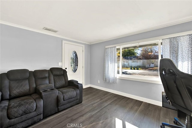 living room with crown molding and dark wood-type flooring