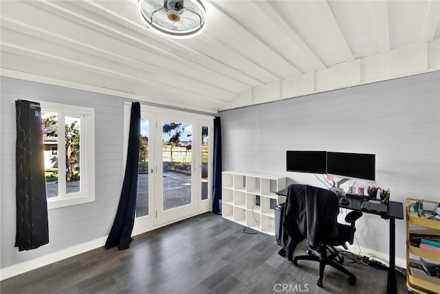 1938 Colusa, Corning, CA 96021 - office space featuring vaulted ceiling, dark wood-style floors, and wooden walls