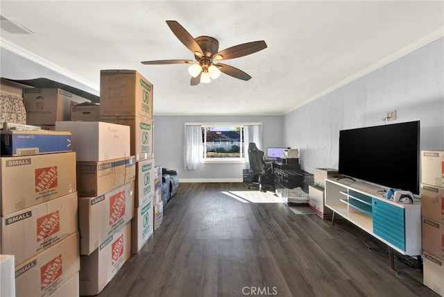 1938 Colusa, Corning, CA 96021 - living room with a ceiling fan, wood finished floors, and crown molding