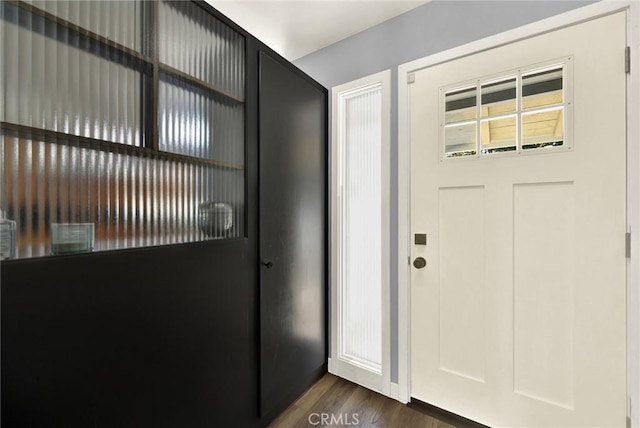 doorway to outside featuring dark wood-type flooring