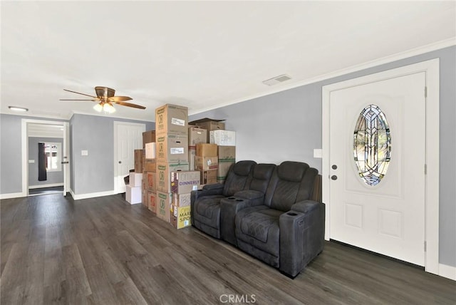 1938 Colusa, Corning, CA 96021 - living area featuring dark wood-style flooring, a ceiling fan, and crown molding