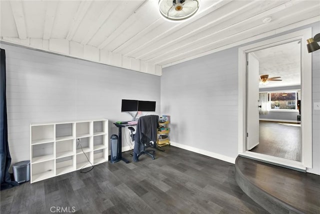 office area with dark hardwood / wood-style floors and ceiling fan