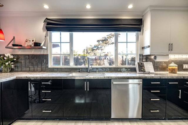 kitchen featuring white cabinets, plenty of natural light, stainless steel dishwasher, and sink