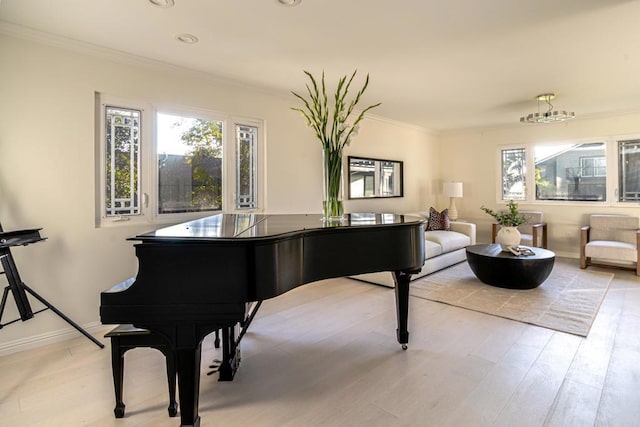 miscellaneous room featuring ornamental molding and light hardwood / wood-style flooring