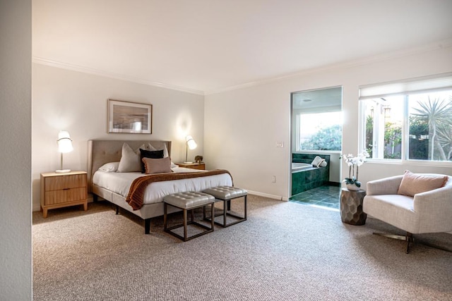 carpeted bedroom with crown molding