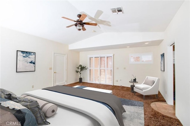 bedroom featuring ceiling fan, carpet, and vaulted ceiling