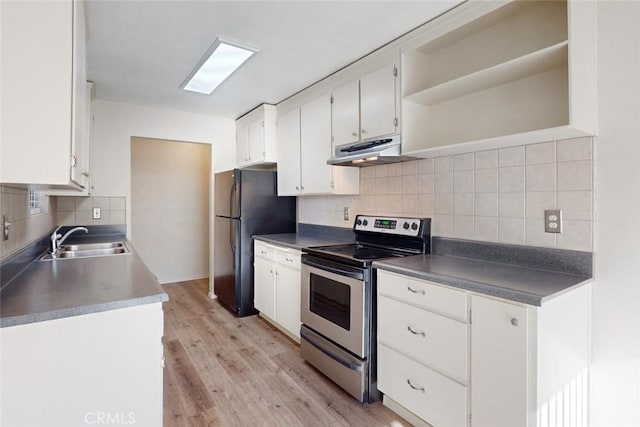 kitchen featuring white cabinetry, stainless steel electric range oven, sink, and light hardwood / wood-style floors