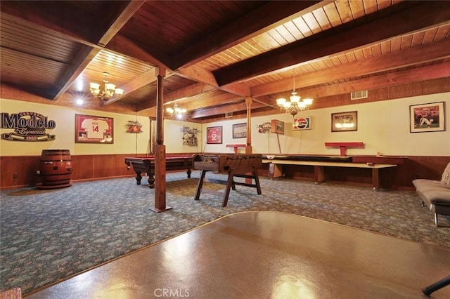 recreation room with wooden walls, beamed ceiling, wood ceiling, and a notable chandelier