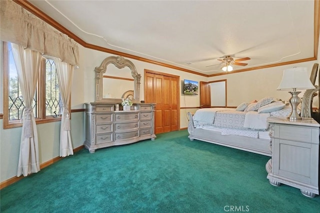 bedroom featuring dark colored carpet, ceiling fan, and crown molding