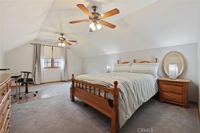 bedroom with ceiling fan, carpet, and vaulted ceiling