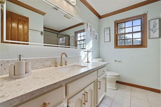 bathroom featuring tile patterned flooring, vanity, toilet, and ornamental molding