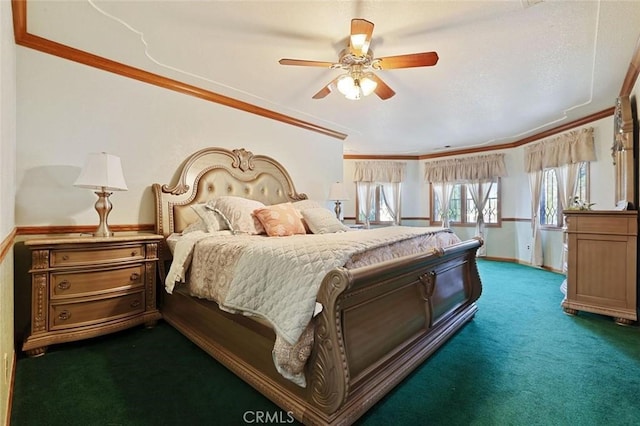 bedroom with carpet flooring, crown molding, and ceiling fan