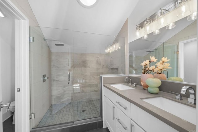 bathroom with vanity, toilet, walk in shower, and vaulted ceiling