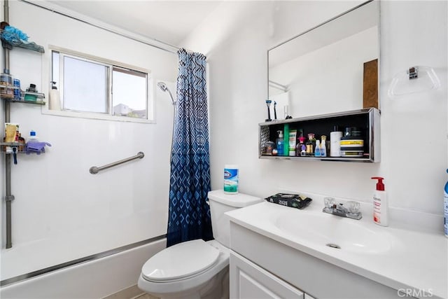 full bathroom featuring vanity, shower / bath combination with curtain, and toilet