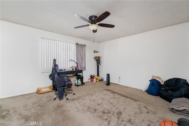 misc room with a textured ceiling, ceiling fan, and carpet floors