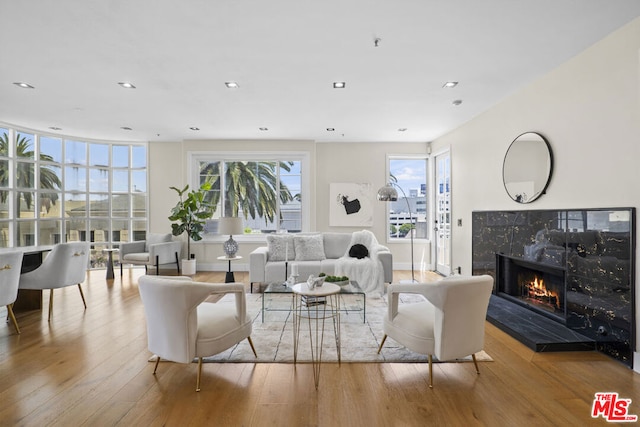 living room featuring a high end fireplace, light hardwood / wood-style floors, and a wealth of natural light