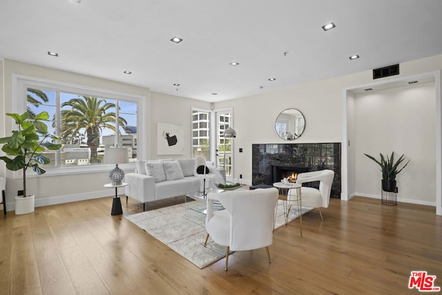 living room with a premium fireplace and wood-type flooring