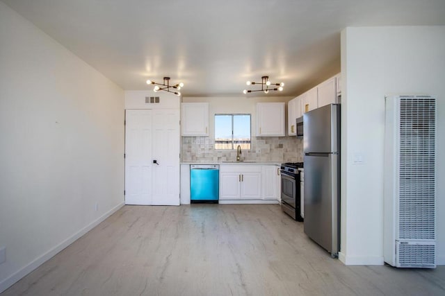 kitchen with white cabinetry, sink, stainless steel appliances, backsplash, and light hardwood / wood-style floors