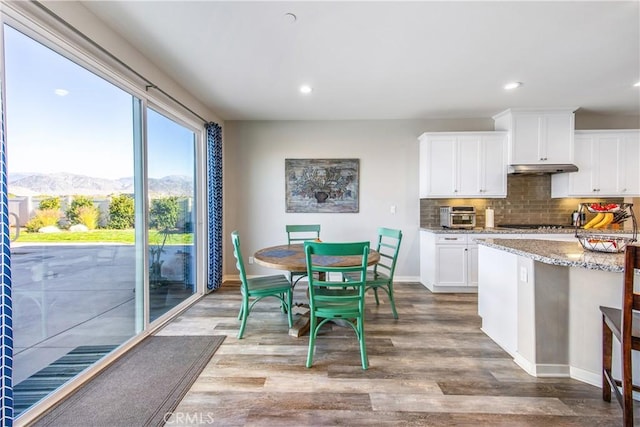 kitchen with backsplash, white cabinets, light stone counters, hardwood / wood-style flooring, and a mountain view