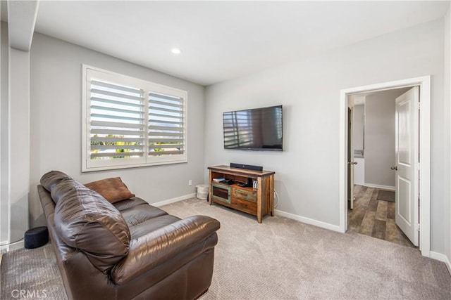 living area with light colored carpet