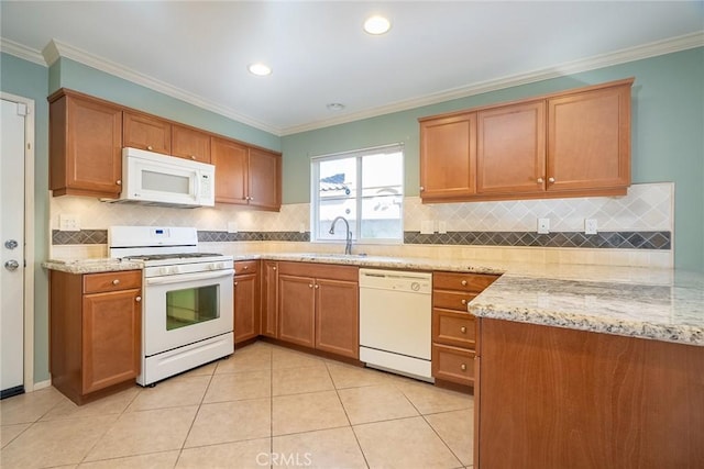 kitchen featuring white appliances, sink, crown molding, light stone countertops, and light tile patterned floors