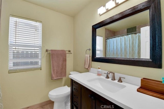 bathroom featuring a wealth of natural light, vanity, wood-type flooring, and toilet